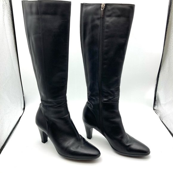 Aquatalia Black Leather Long Tall Heeled Boots - Picture 13 of 16
